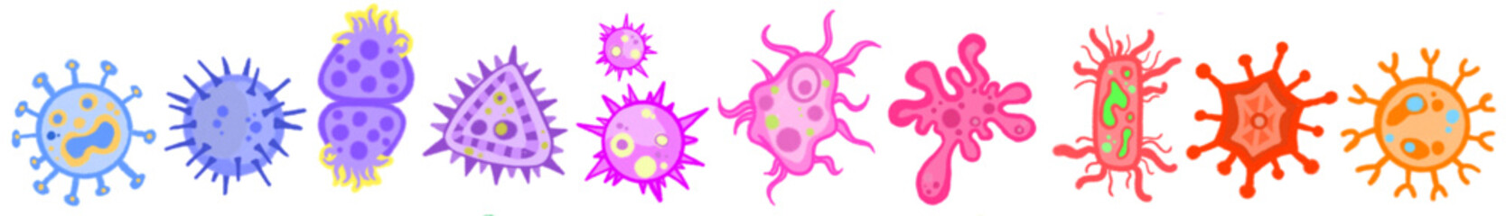 Bacteria and germ in circle. Bacterias, disease cells and germs in round frame. Human diseases cartoon vector illustration set. Bacteria biology, bacterium virus, microorganism infection