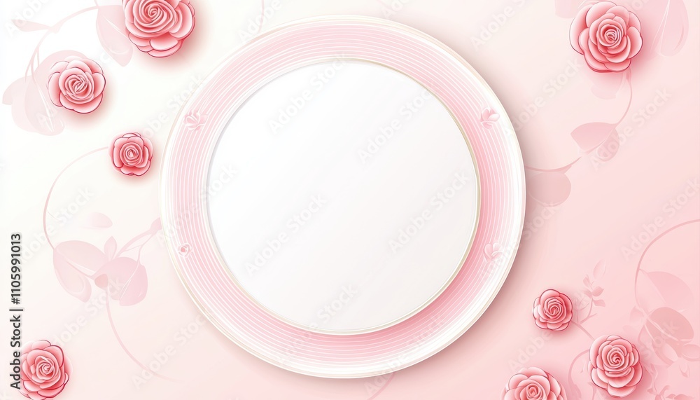 Poster a soft pink background features elegant roses surrounding a blank circular frame, perfect for adding