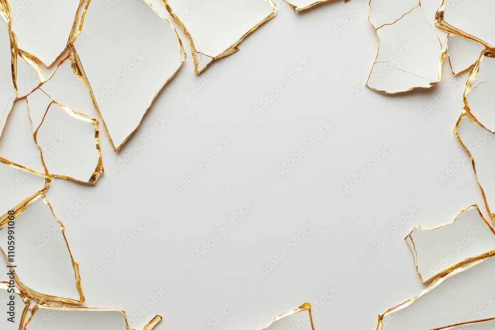 Poster a collection of broken ceramic pieces with golden edges arranged in a circular frame on a light back