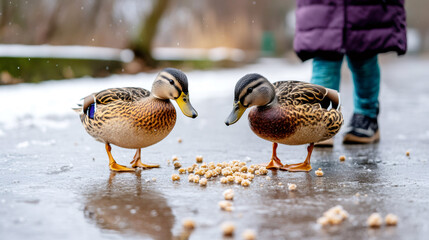 Child watching over two mallard ducks as they eat birdseed on a frozen pond, caring for wildlife in the winter