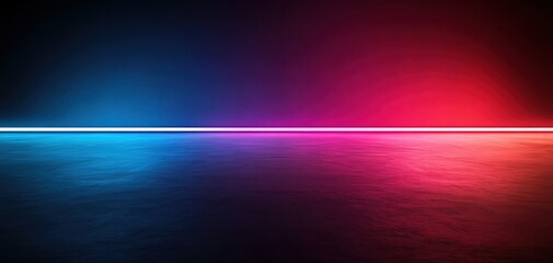 Abstract neon light background with blue and red hues reflecting on a smooth surface.