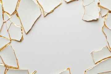 A collection of broken ceramic pieces with golden edges arranged in a circular frame on a light background.