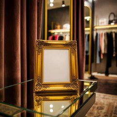Ornate Golden Frame Displayed on Glass Table in Stylish Luxury Boutique