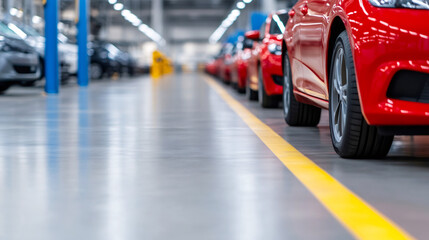 Capturing the bustling production of a state-of-the-art car factory with sleek new vehicles on display, featuring advanced technology and modern design