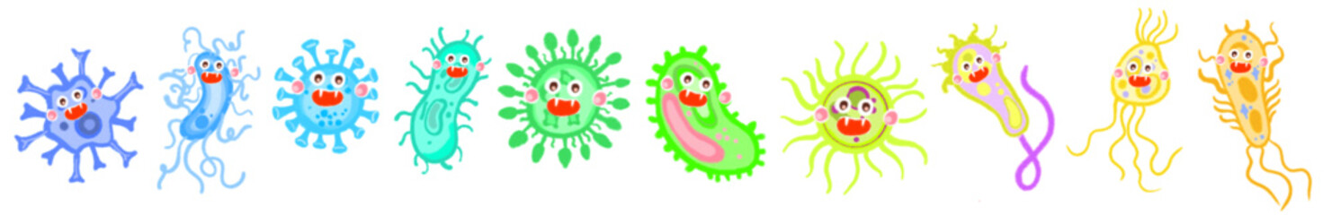 Bacteria and germ in circle. Bacterias, disease cells and germs in round frame. Human diseases cartoon vector illustration set. Bacteria biology, bacterium virus, microorganism infection