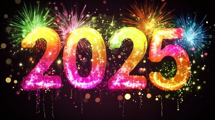 Bright and colorful "2025" text with vibrant fireworks and twinkling lights for an unforgettable New Yeara??s celebration