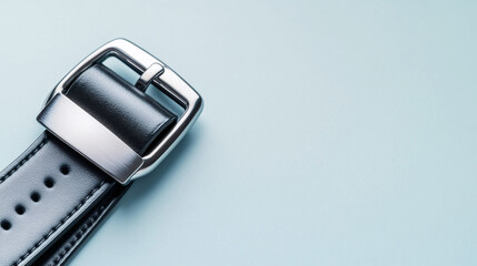 Close-up of black leather belt with shiny metal buckle, emphasizing craftsmanship and style on a minimalist blue backdrop