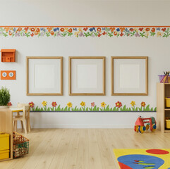 Bright and Cheerful Children's Room with Three Wooden Frames and Colorful Wall Decor
