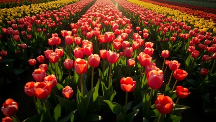 a top-down aerial view of a vast field of red tulips