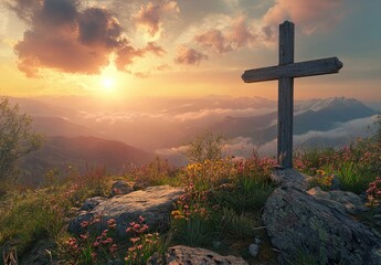 Wooden Cross on Mountain with Sunset Background