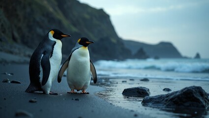 penguins at the beach with cliffs