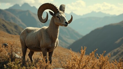 solitary ram against a stunning mountainous backdrop.