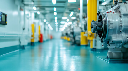 Fototapeta premium Modern factory interior showcasing advanced machinery and a clean, polished floor, emphasizing industrial precision and efficiency