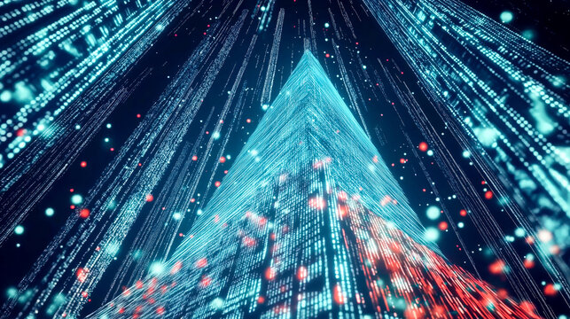 Explore a stunning view of a futuristic cityscape, featuring a towering structure surrounded by vibrant digital data streams in blue and red hues, evoking a tech savvy atmosphere.