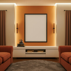 Cozy Home Theater Room with Black Frame on Orange Wall