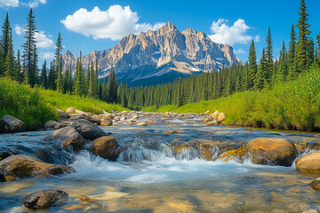 Serene mountain stream in lush forest national park