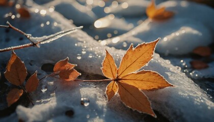 beautifully illuminated orange leaf in the snow