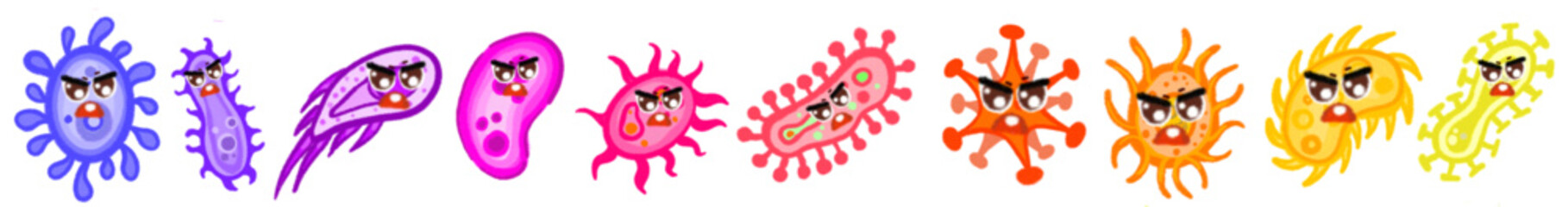 Bacteria and germ in circle. Bacterias, disease cells and germs in round frame. Human diseases cartoon vector illustration set. Bacteria biology, bacterium virus, microorganism infection