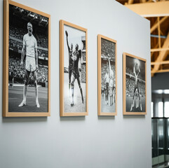 Black and White Sports Photography in Wooden Frames Displayed on Gallery Wall