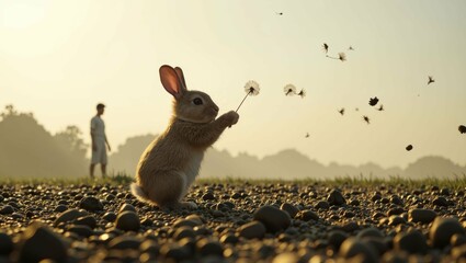 rabbit who is standing on a field of small pebbles