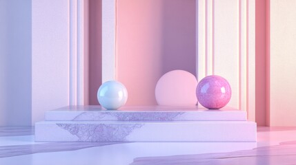 A minimalist podium with geometric lines and pastel-colored floating elements in the background