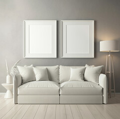 Elegant White Couch with Twin Frames and Floor Lamp in Modern Living Room