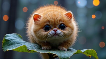 fluffy orange kitten, perched on a green leaf