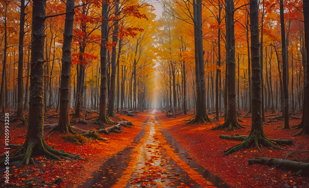 Aufkleber road in a forest with trees on both sides. the road is wet and covered in leaves
