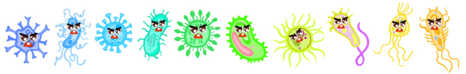 Bacteria and germ in circle. Bacterias, disease cells and germs in round frame. Human diseases cartoon vector illustration set. Bacteria biology, bacterium virus, microorganism infection