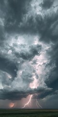 Dramatic supercell storm cloud forming over the horizon, ominous dark clouds filled with lightning bolts and swirling motion, lightning, ominous sky, severe weather