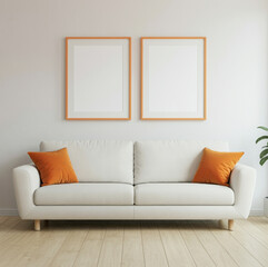 Modern Living Room with Orange Frame Accents and Cozy White Sofa
