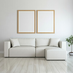 White Modular Sofa with Twin Wooden Frames on Clean Modern Wall