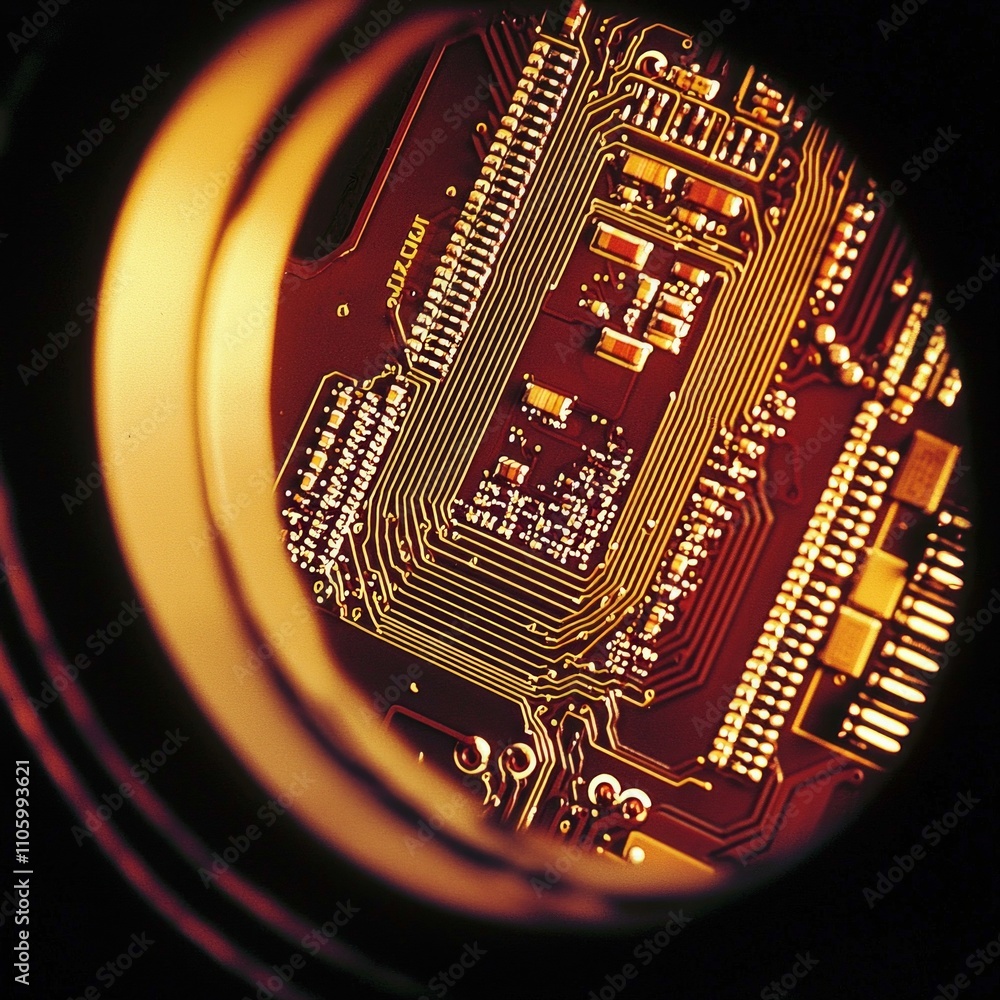 Poster magnified microchips reveal complex circuits and high tech patterns emphasizing sophistication elect