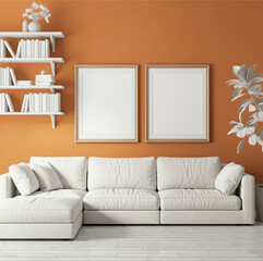 White L-Shaped Sofa with Bookshelf and Twin Frames on Warm Orange Wall