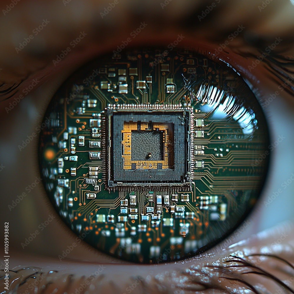 Aufkleber intricate circuit patterns microchips are magnified and reflected human eye demonstrating unique ble