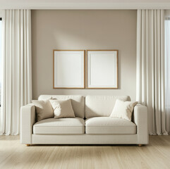 Bright Minimalist Living Room with White Sofa and Twin Frames on Beige Wall