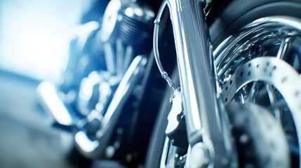 Shiny chrome motorcycle wheel, brake disc, and suspension components gleaming under bright light, showcasing engineering and design