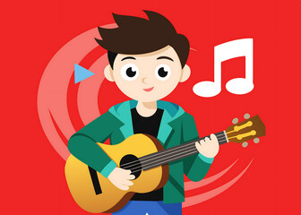 Naklejka premium Happy boy playing acoustic guitar, musical notes, red background.