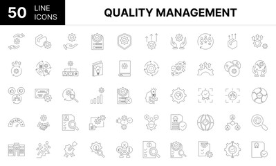 Collection of 50 Quality management line icons featuring editable strokes. These outline icons depict various modes of Quality management, Accreditation, achieve, approach, assessment, assurance, cert