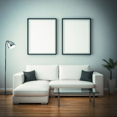 Modern Living Room with White Sectional Sofa and Twin Frames on Soft Blue Wall