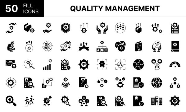 Collection of 50 Quality management fill icons featuring editable strokes. These outline icons depict various modes of Quality management, Accreditation, achieve, approach, assessment, assurance, cert