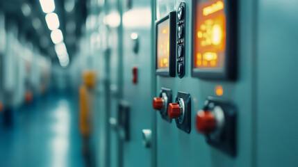 Close-up of illuminated control panel with switches and digital displays, managing complex industrial processes within a modern technological facility
