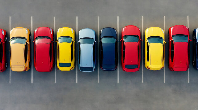 Aerial view of vibrant cars parked in organized rows in a parking lot, showcasing a variety of colors and symmetry
