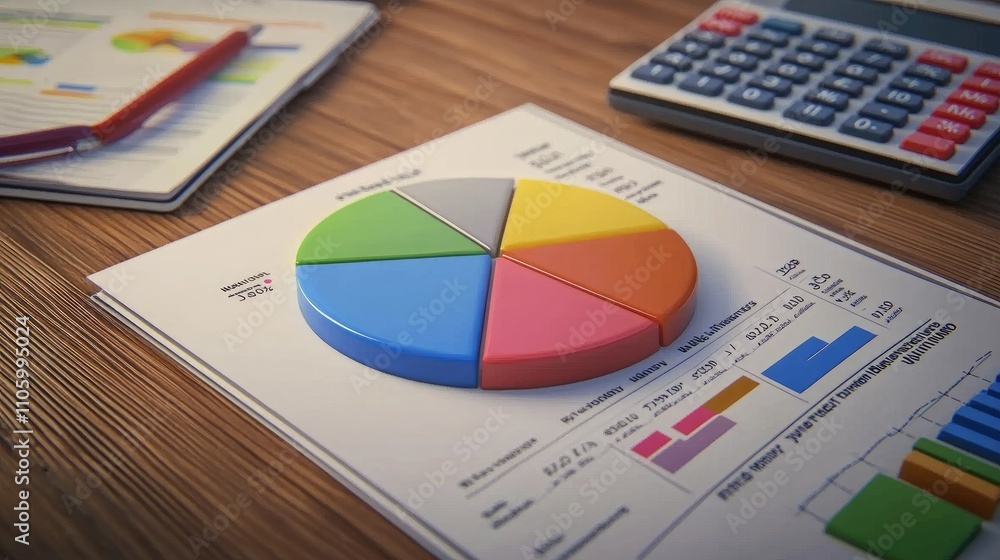 Poster a close-up view of a financial report featuring a pie chart illustrating profit margins, with annota