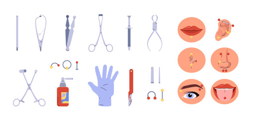 Vector: sterilized needles, clips and decorations for lips, eyebrows and tongue on a white background
