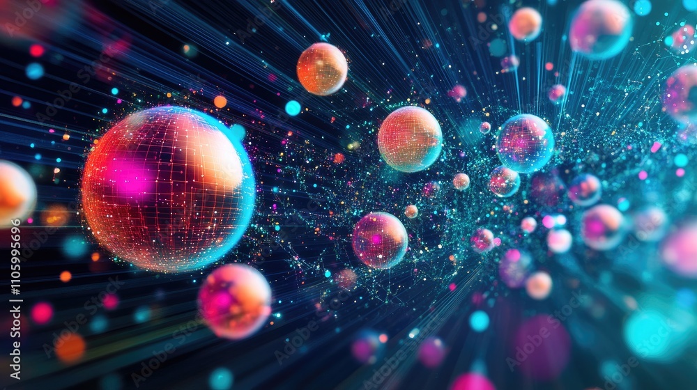 Poster a colorful 3d bubble chart with varying-sized spheres representing different data points, floating d