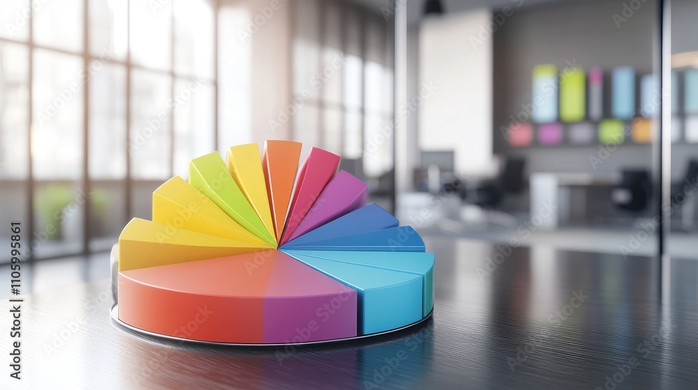 Poster a colorful 3d pie chart vividly displaying market share distribution, with labeled segments and dyna