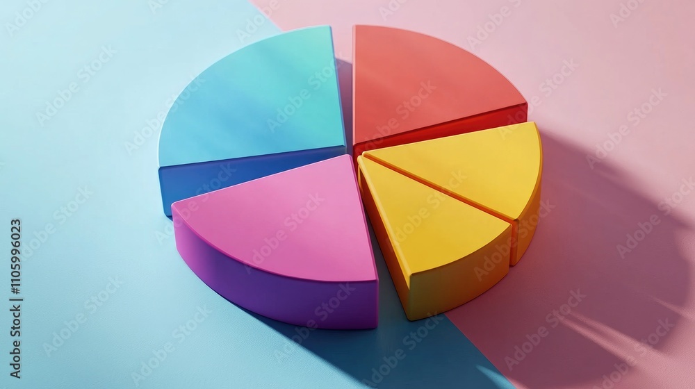 Poster a colorful 3d pie chart with vibrant slices emerging from a circular base, casting realistic shadows