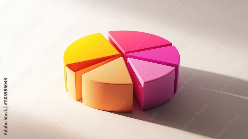 Poster a colorful 3d pie chart with vibrant slices emerging from a circular base, casting realistic shadows