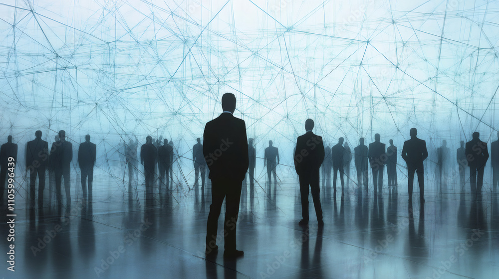 Poster Businessmen stand in a spacious area with interconnected lines representing a network